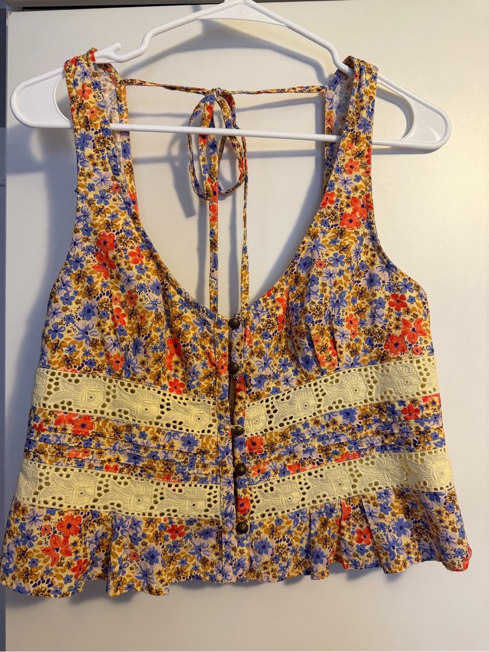 Free People Yellow Floral Cropped Tank with Lace Trim